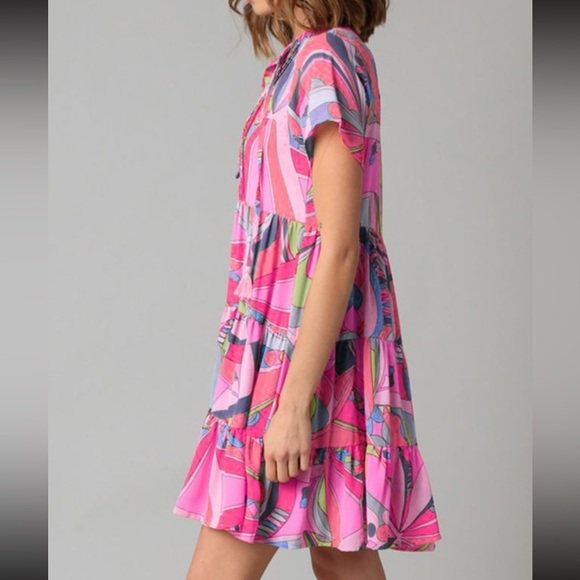 Pink abstract geometric print tassel tie flare dress - Picture 3 of 4